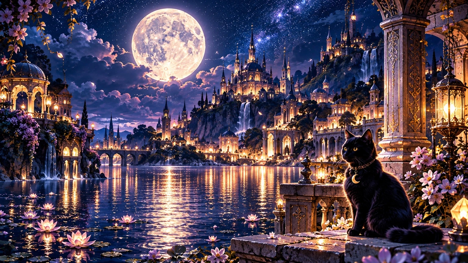 満月と幻想的な街並みを背景に、月のペンダントをつけた黒猫が湖を眺める夜景